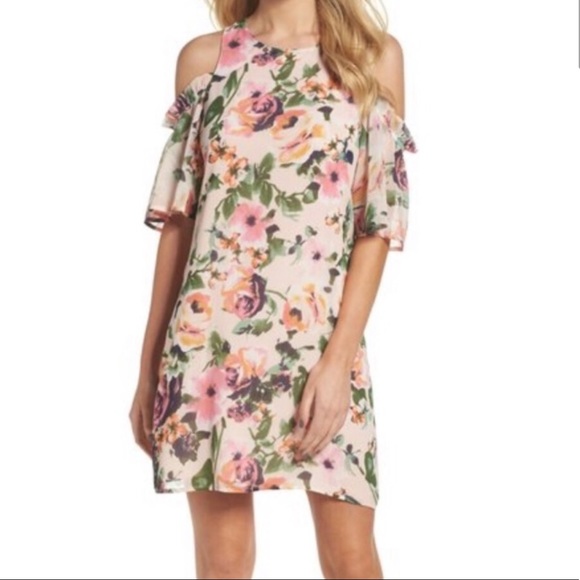 CHARLES HENRY PINK FLORAL COLD SHOULDER DRESS - Picture 2 of 5